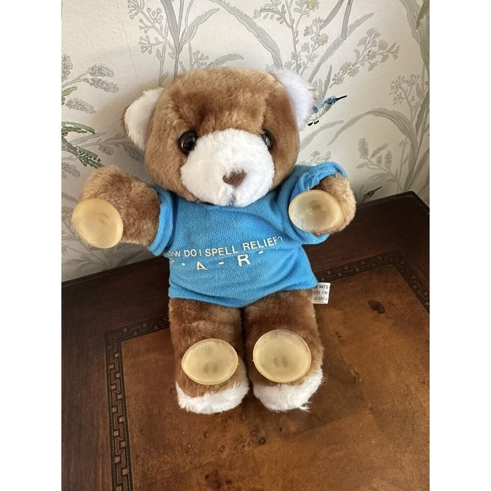 Vtg 1980 Stuffed Toys BEAR Brown Plush Suction Cups How Do I Spell Relief 10”